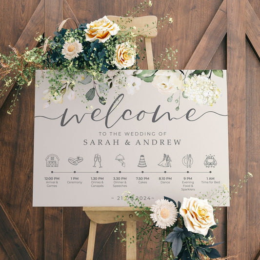 White Floral Order of the Day Wedding Welcome Sign
