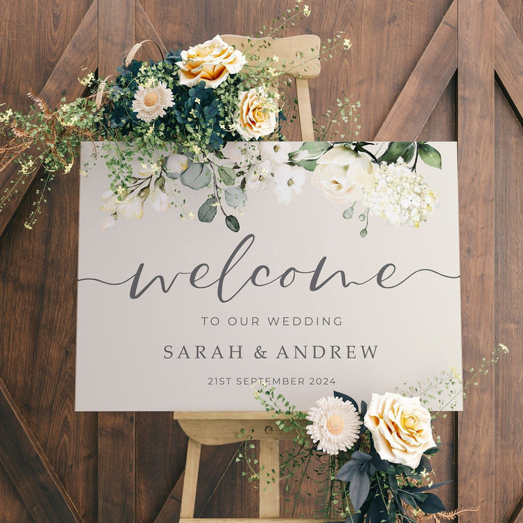 White Floral Wedding Welcome Sign