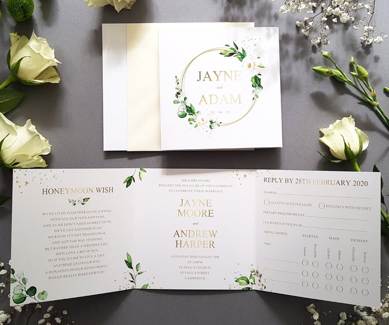 White Gold Rings Trifold Wedding Invitations Sample