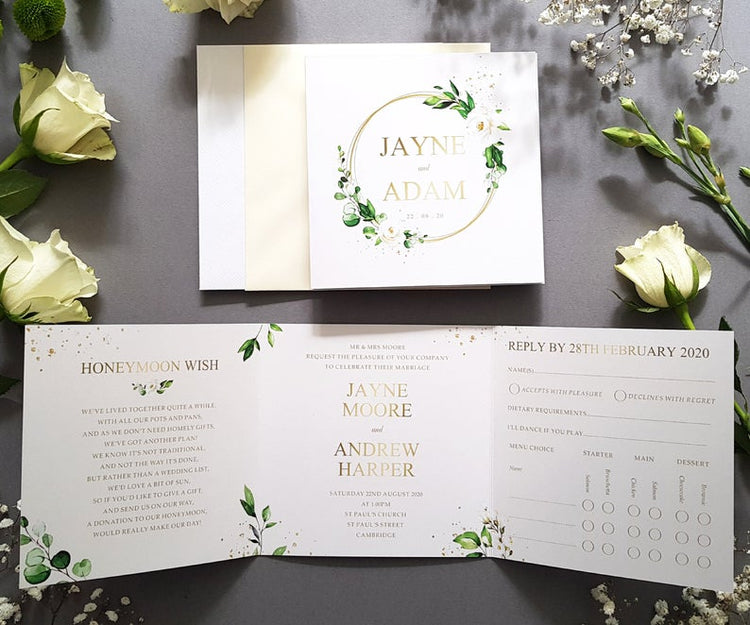 White Gold Rings Trifold Wedding Invitations Sample