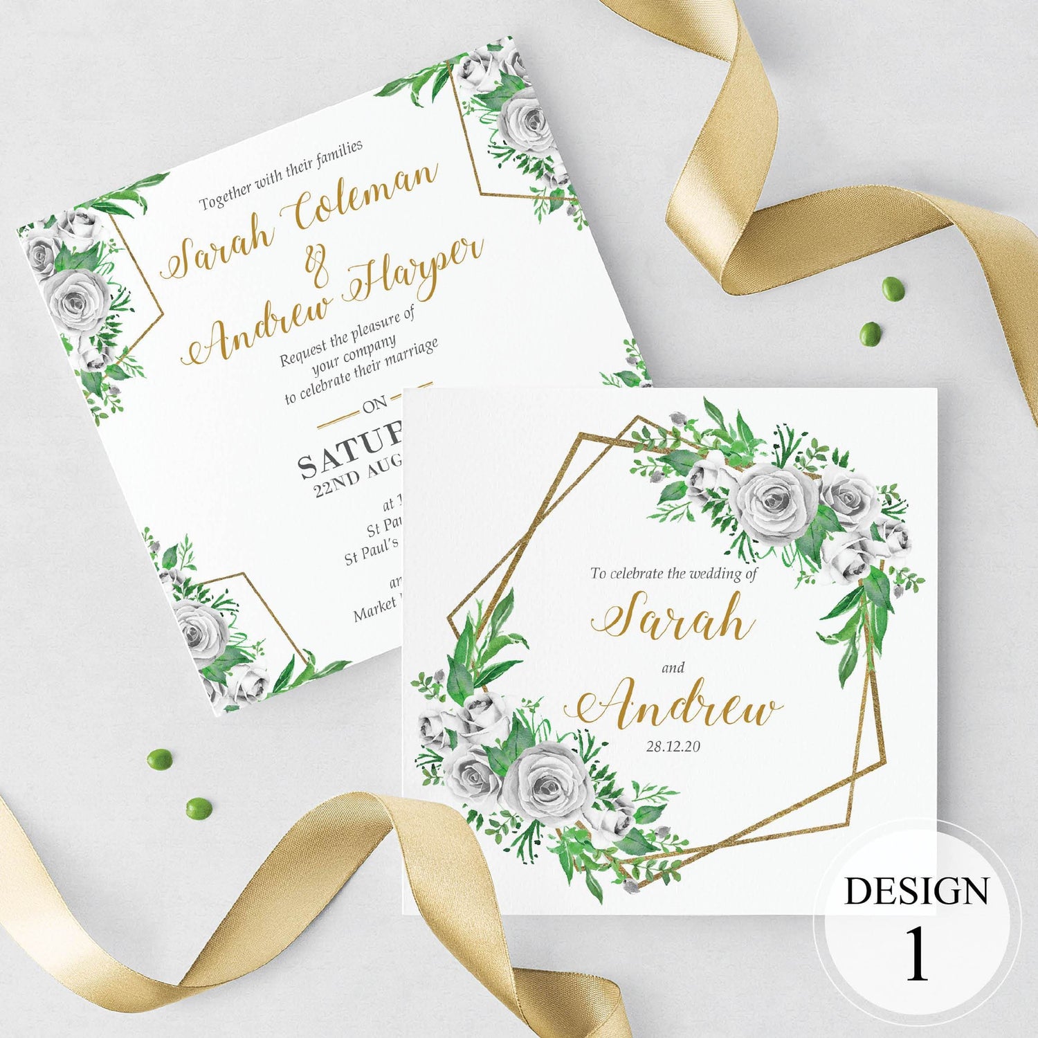 White Rose & Gold Geometric Evening Invitation