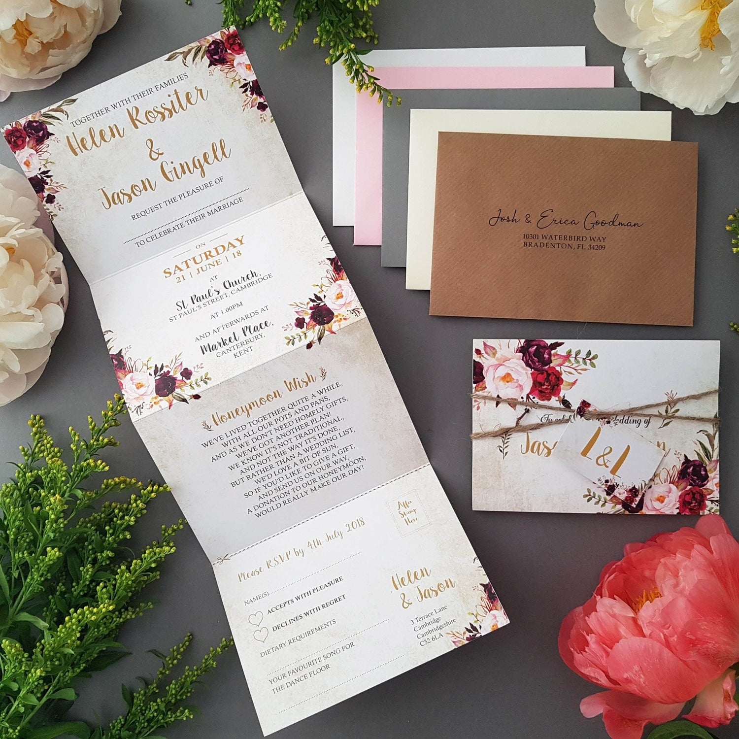 Wild Floral Concertina Wedding Invitations, Tag & Twine Sample