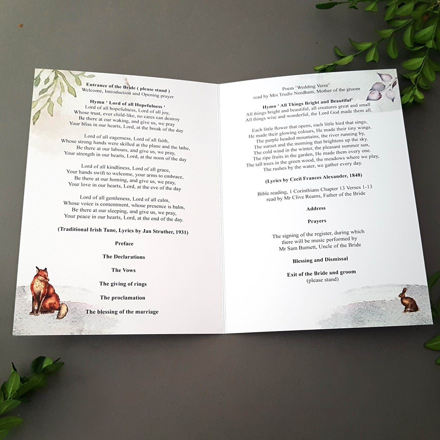 Winter Order of Service for Weddings