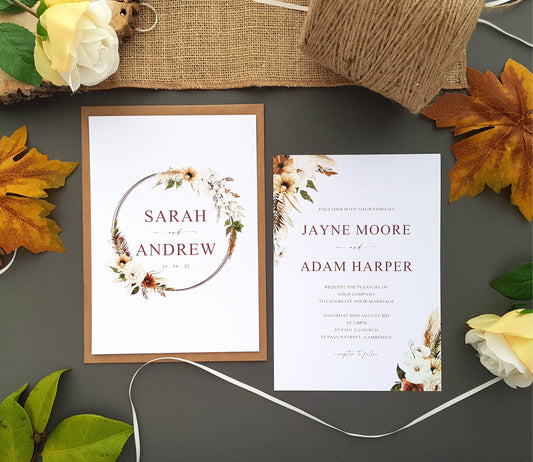 Boho autumn wedding invitation sample set - free samples UK