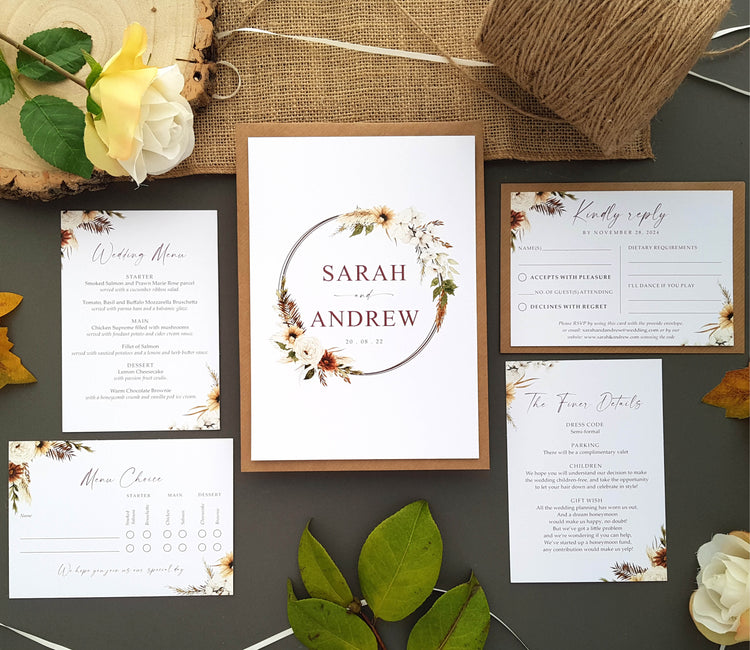 Boho autumn wedding invitation sample set - free samples UK