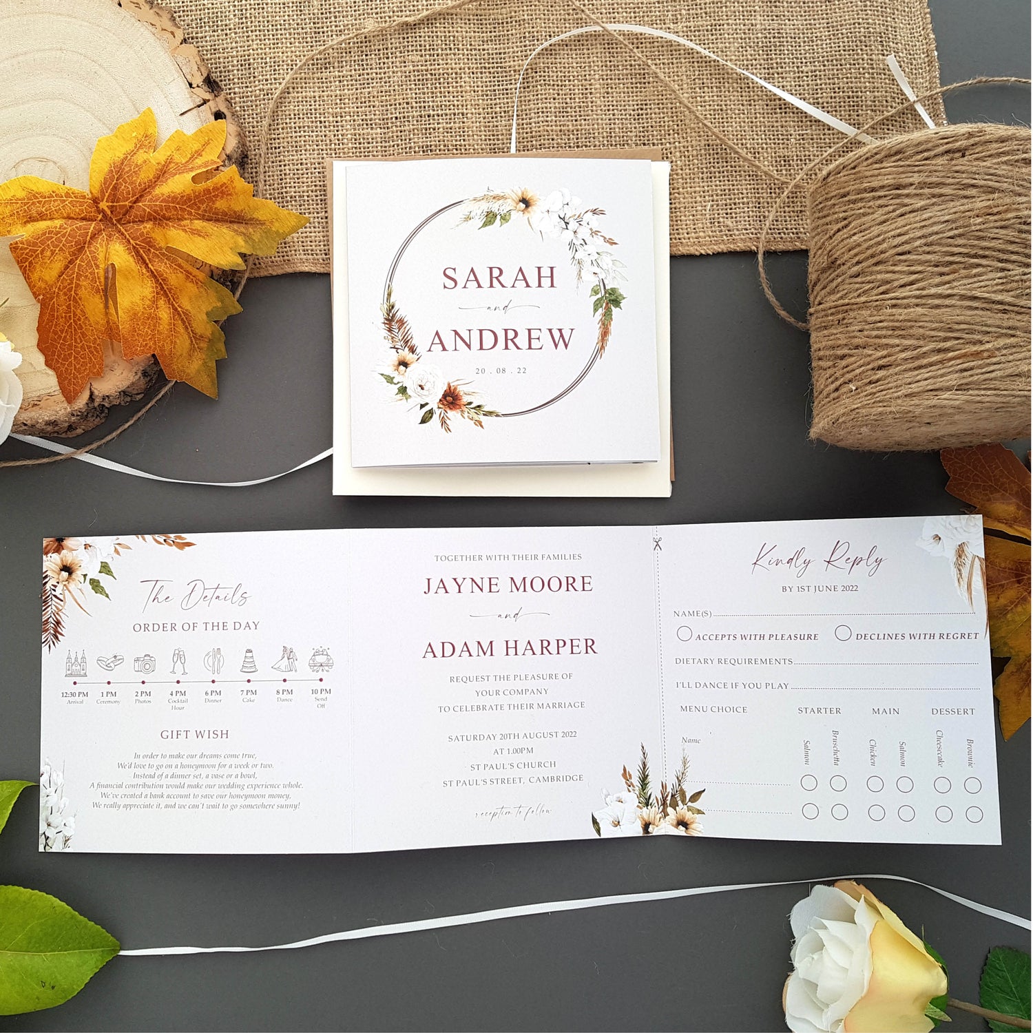 boho trifold wedding invitation featuring menu options, finer details and RSVP and include a choice of envelopes