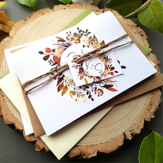 Boho wedding invitations range features an array of Bohemian autumn florals with a stylish font