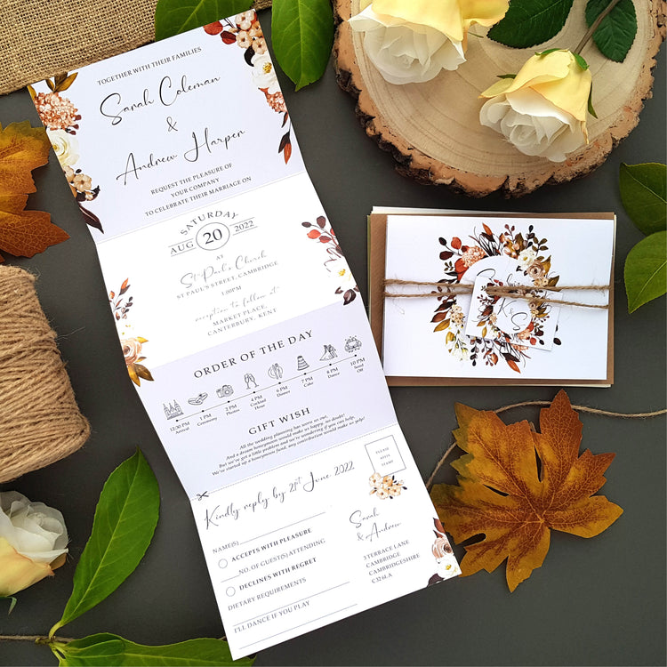 Boho wedding invitations range features an array of Bohemian autumn florals with a stylish font