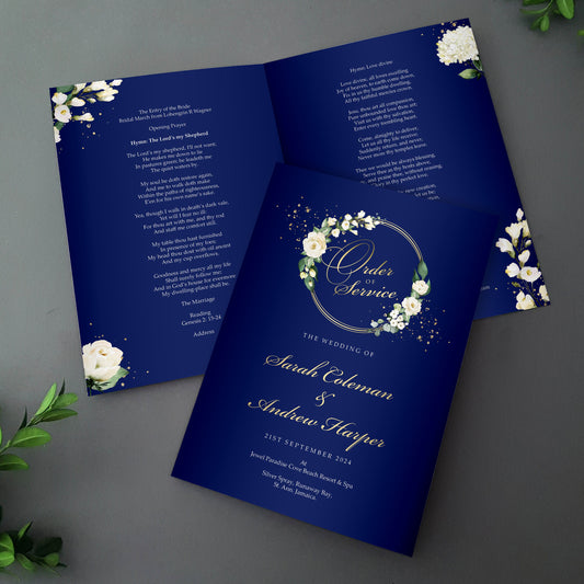 White Floral Order of Service Booklets for Weddings  - Blue Gold