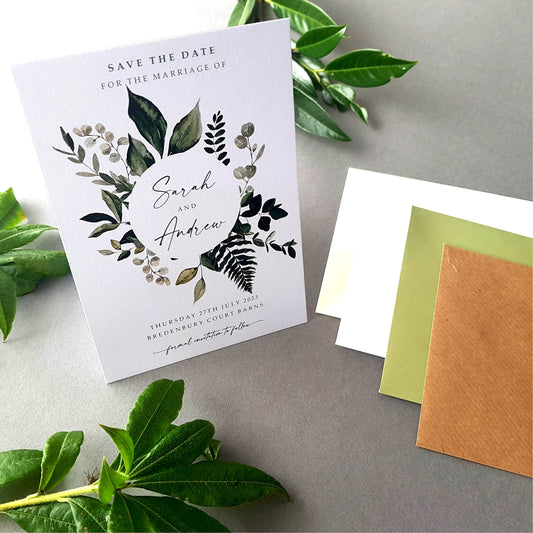 Greenery Wreath Save the Dates Cards