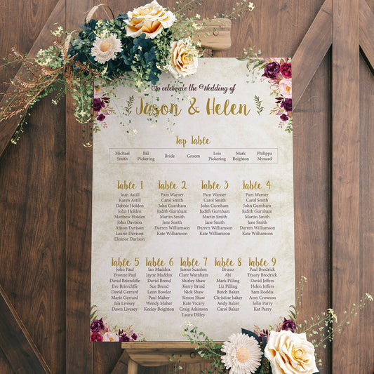 Burgundy Floral Table Plan Wedding Seating Chart Sign