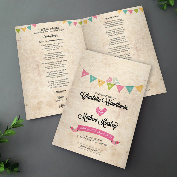Colourful bunting order of service on distressed look card - Vintage boho style