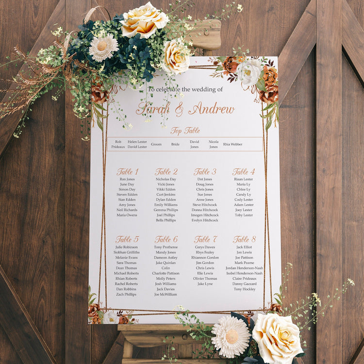 Autumn Copper Wedding Table Plan Seating Chart Sign
