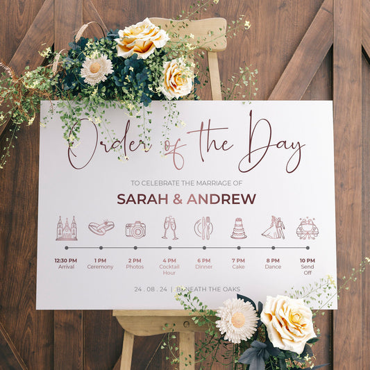 Rose gold order of the day welcome wedding sign with timeline icons and couples names