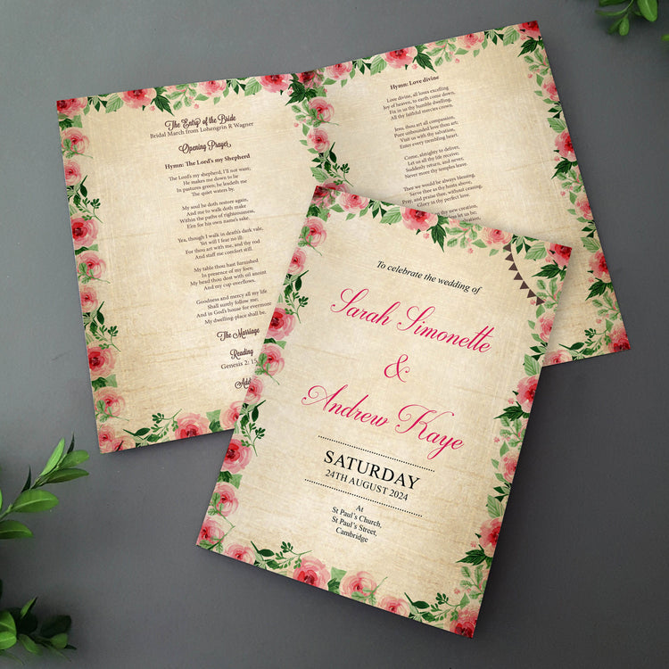 Order of service - Pink Roses on distressed look card with greenery.