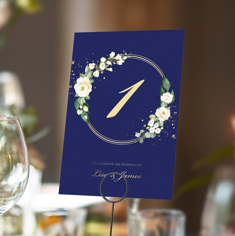 Blue & Gold White Floral Table Numbers or Table Names