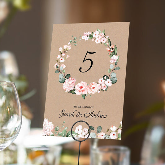 Blush Pink Floral kraft Table Numbers or Table Names