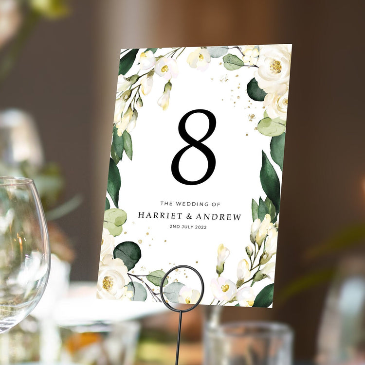 Botanical Greenery White Floral Table numbers or Table Names