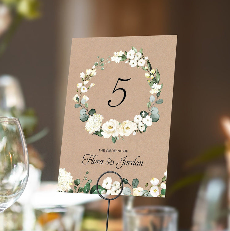 White Floral Kraft Table Numbers or Table Names