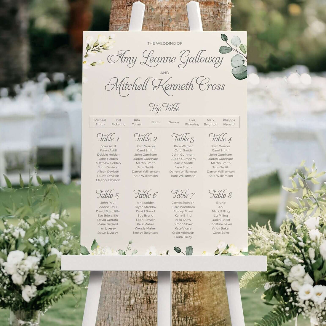 White Floral Seating Chart Table Plan Sign with Greenery – Sienna Mai