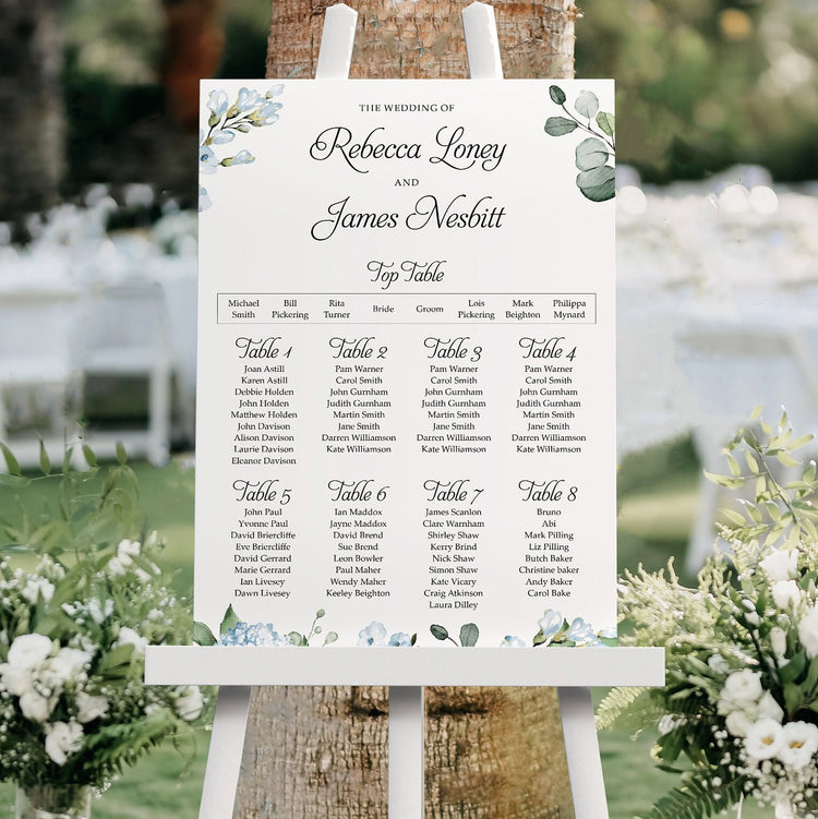 Cornflower Blue Table Plan Wedding Seating Chart Sign