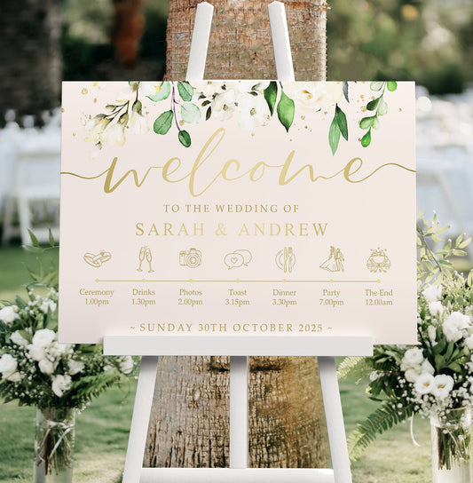 White Floral Gold Order of the Day Wedding Welcome Sign