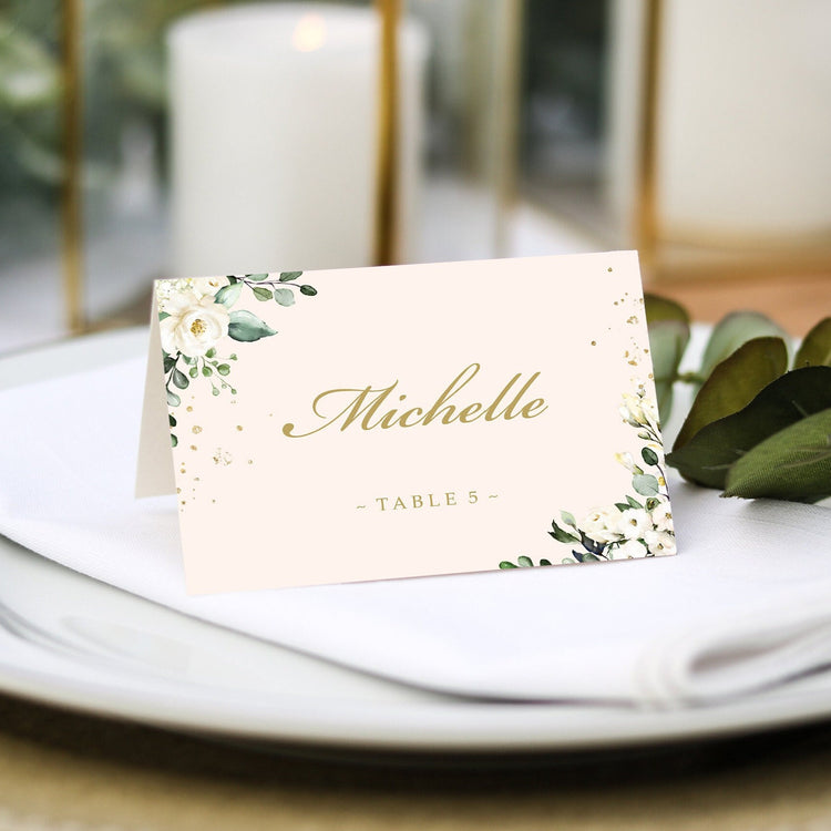 White Floral Wedding Place Cards