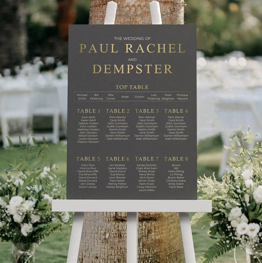 Minimalist Table Plan Wedding Seating Chart Sign - Black and Gold