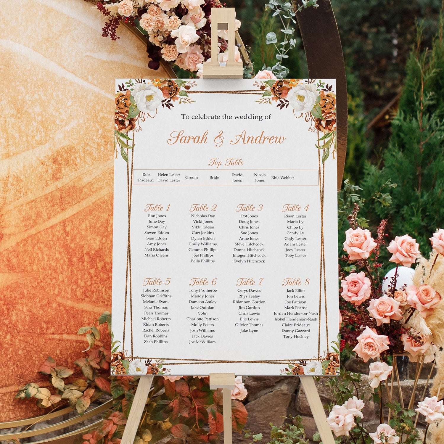 Autumn Copper Wedding Table Plan Seating Chart Sign