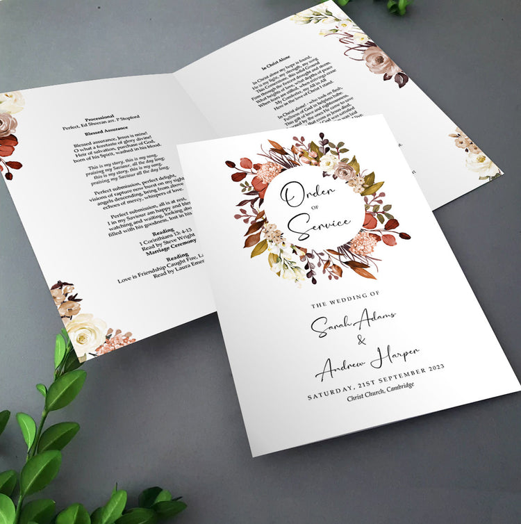 Boho Autumn Fall Order of Service Booklets for Weddings