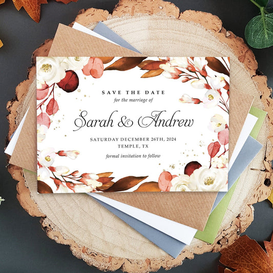 Autumn eucalyptus white floral save the date cards including envelopes