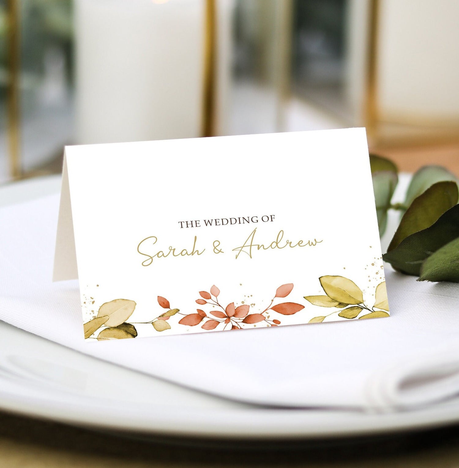 Eucalyptus autumn place cards with menu choices - place settings
