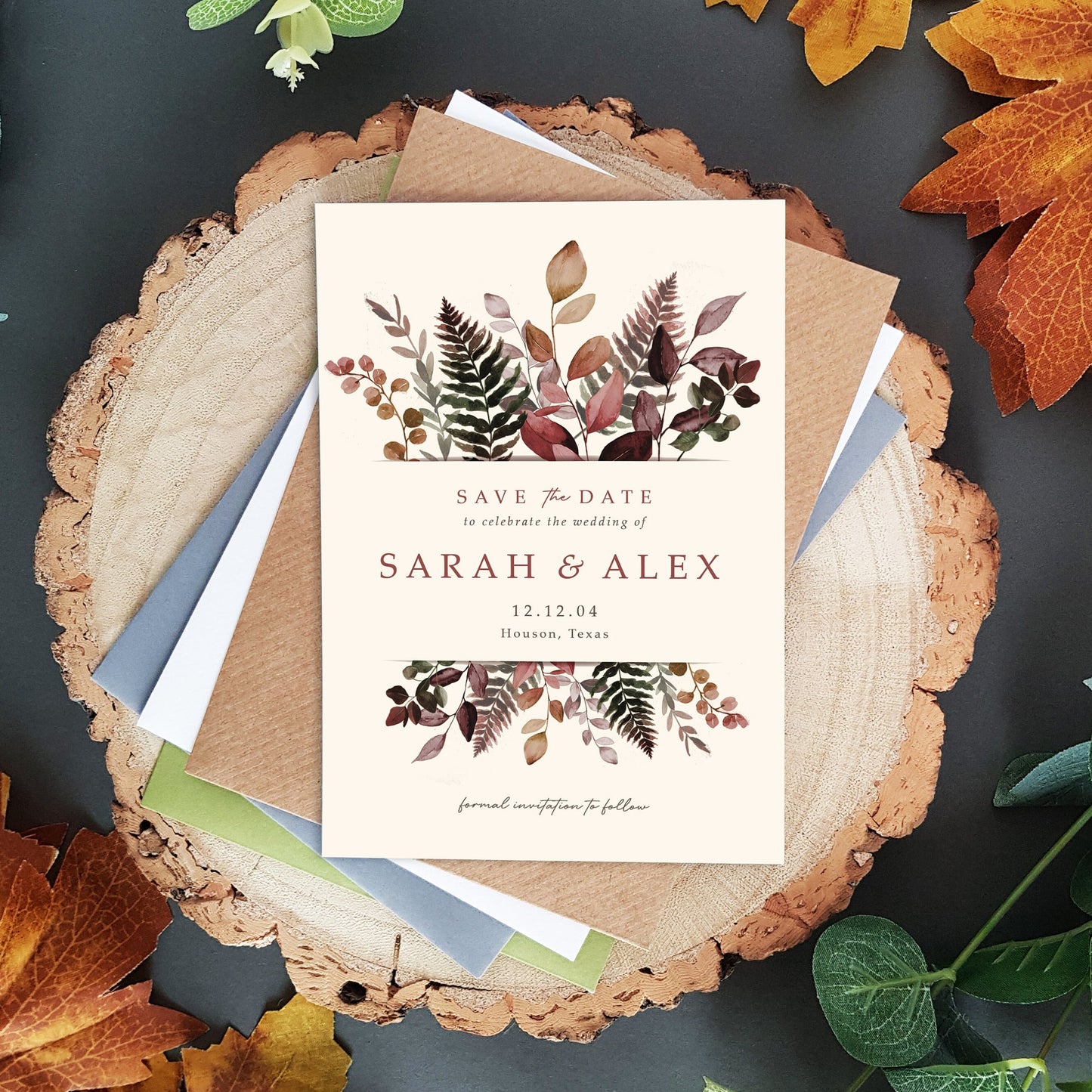 Burgundy save the date cards suitable for an autumn wedding