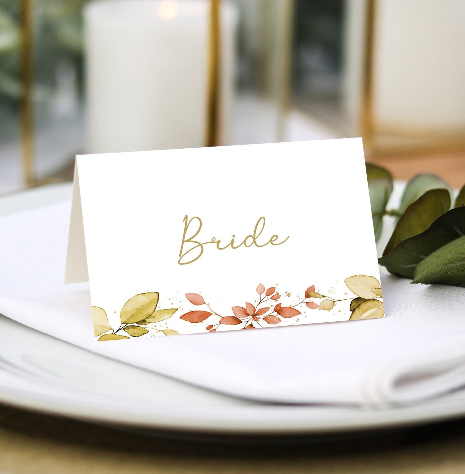 Eucalyptus autumn place cards with menu choices - place settings