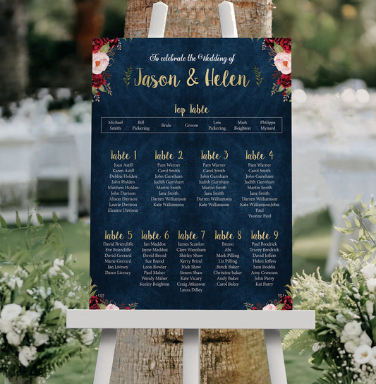 Blue burgundy table plan - seating plan, table planner in A1, A2 or A3 size on a board ready to place on an easel