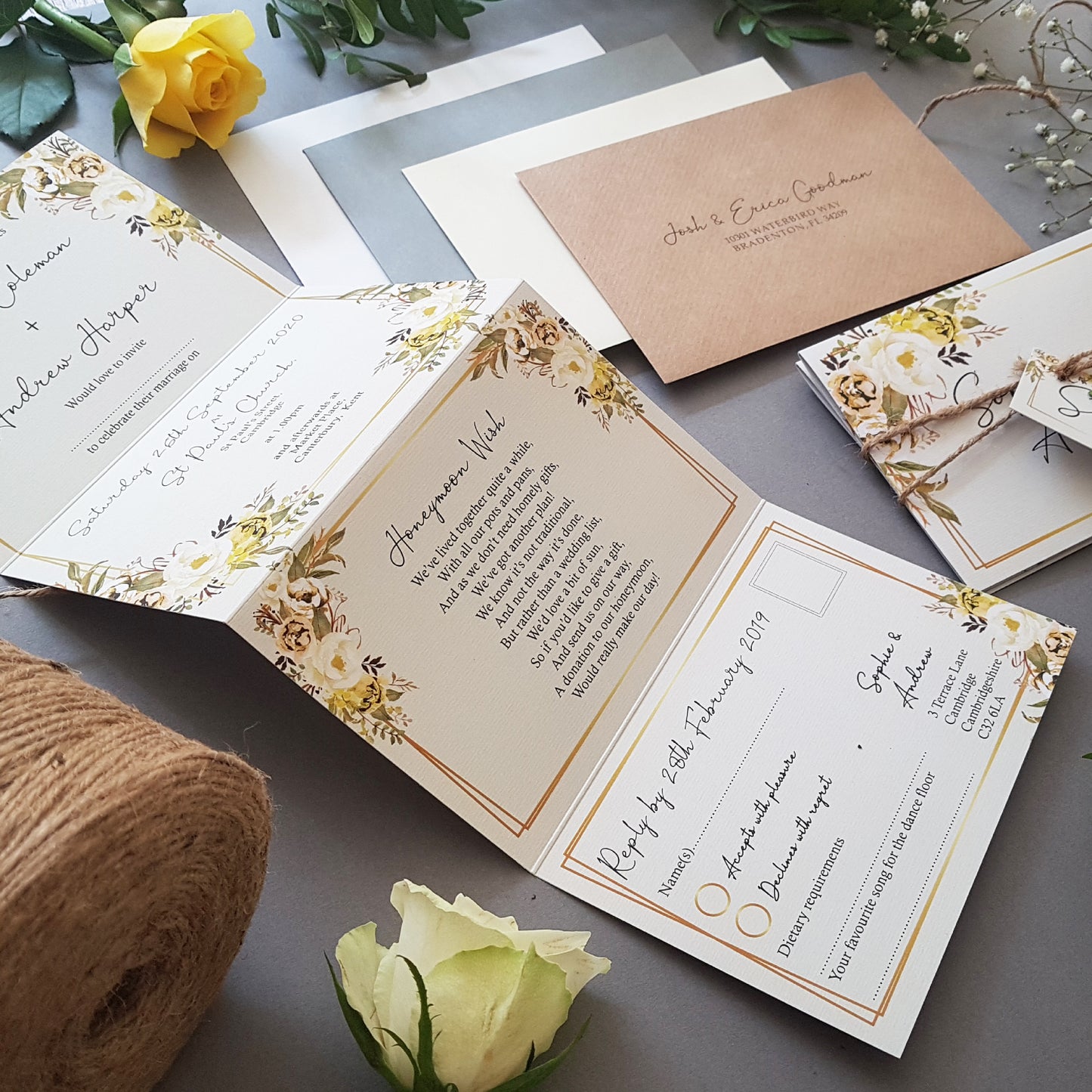Spring Floral  Concertina Wedding Invitations, Tag & Twine Sample